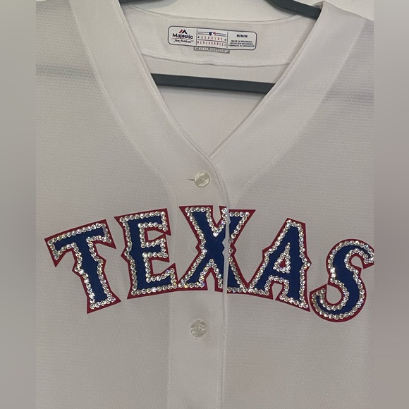 Majestic White Texas Rangers MLB Jersey medium women’s Rhinestones - Picture 3 of 11